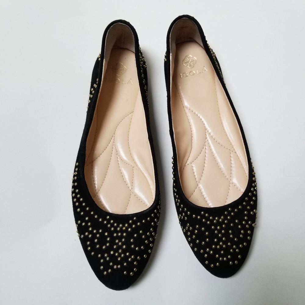 Isola Womens Black Basanti Studded Suede Leather Ballet Flats Size 7M